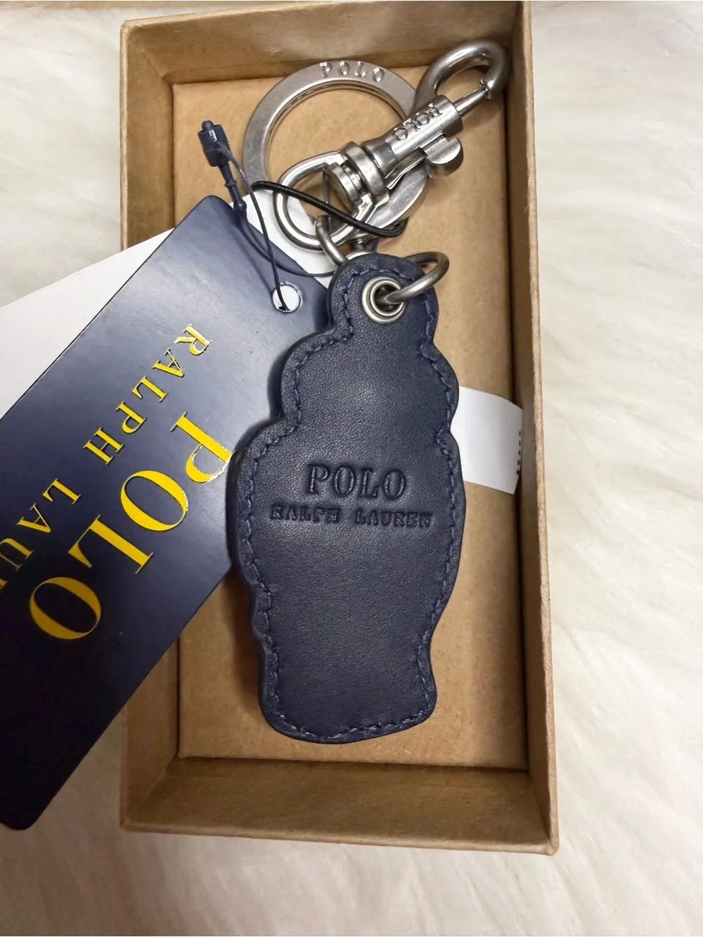 NEW Polo Ralph Lauren PREPPY TENNIS BEAR LEATHER Key Ring Keychain NAVY BLUE